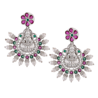 Estele Rhodium Plated CZ Traditional Lakshmi Devi Designer Earrings with Pearls for Women