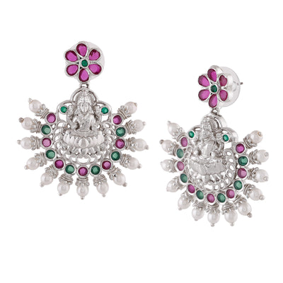 Estele Rhodium Plated CZ Traditional Lakshmi Devi Designer Earrings with Pearls for Women