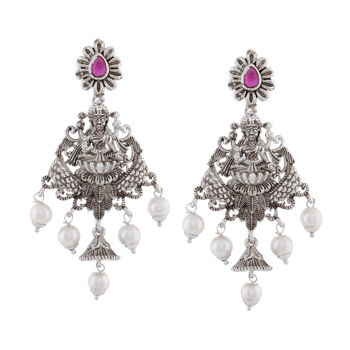 Estele Rhodium Plated CZ Traditional Lakshmi Devi Designer Earrings with Pearls for Women