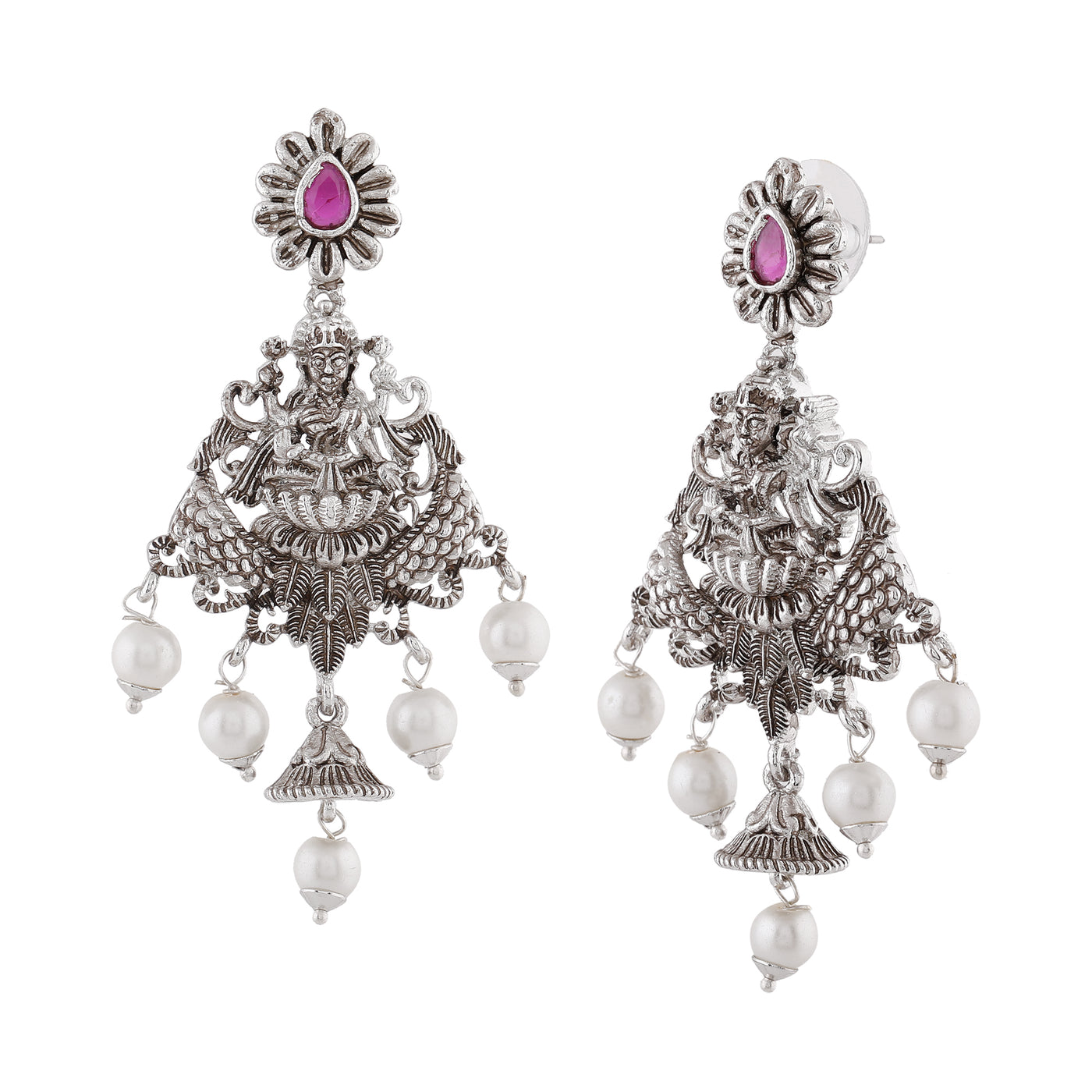 Estele Rhodium Plated CZ Traditional Lakshmi Devi Designer Earrings with Pearls for Women