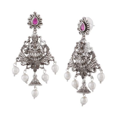 Estele Rhodium Plated CZ Traditional Lakshmi Devi Designer Earrings with Pearls for Women