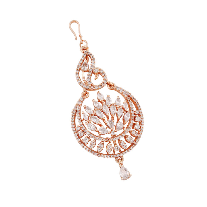 Estele Rose Gold Plated CZ Peacock Designer Maang Tikka for Women