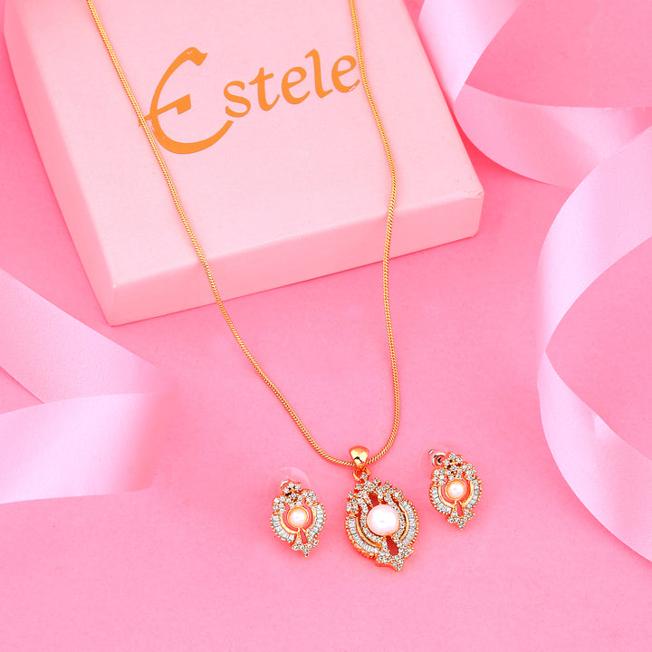 Estele Elegant pearl and American diamond fancy shaped Pendant Set for Women