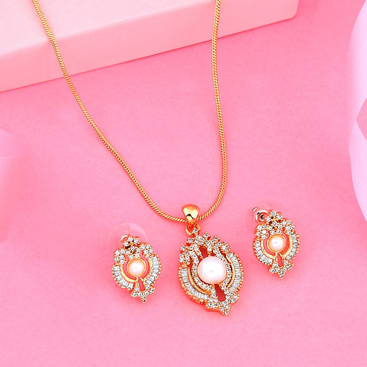 Estele Elegant pearl and American diamond fancy shaped Pendant Set for Women