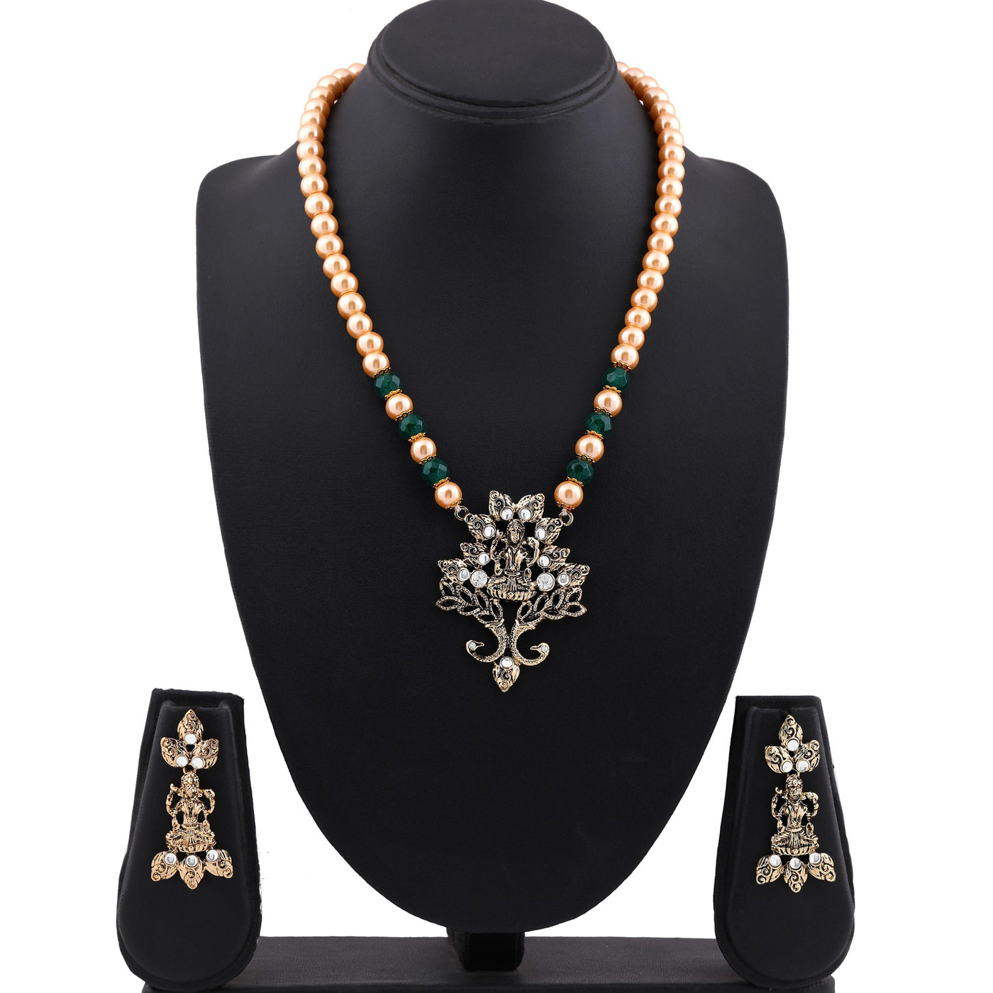 Estele Gold Plated Traditional Laxmi Designer Necklace Set with Green Beads & Pearls for Women