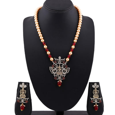 Estele Gold Plated Antique Single Pearl Line with Laxmi Devi Designer Necklace Set with Austrian Crystals and Ruby Beads for Women