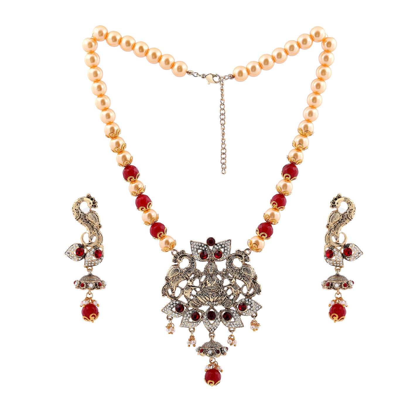 Estele Gold Plated Antique Laxmi Devi & Peacock Textured Pearl Necklace Set with Austrian Crystals,Ruby stones & Ruby Beads for Women