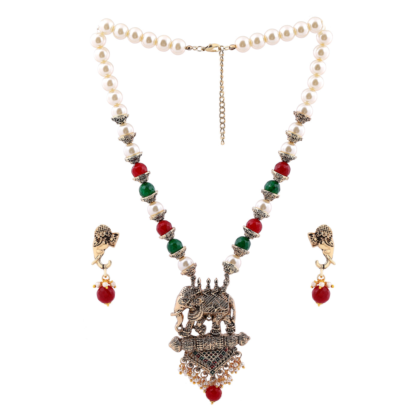 Estele Gold Plated Antique Adorable Elephant Pearl Necklace Set with Beads & Enamel for Women