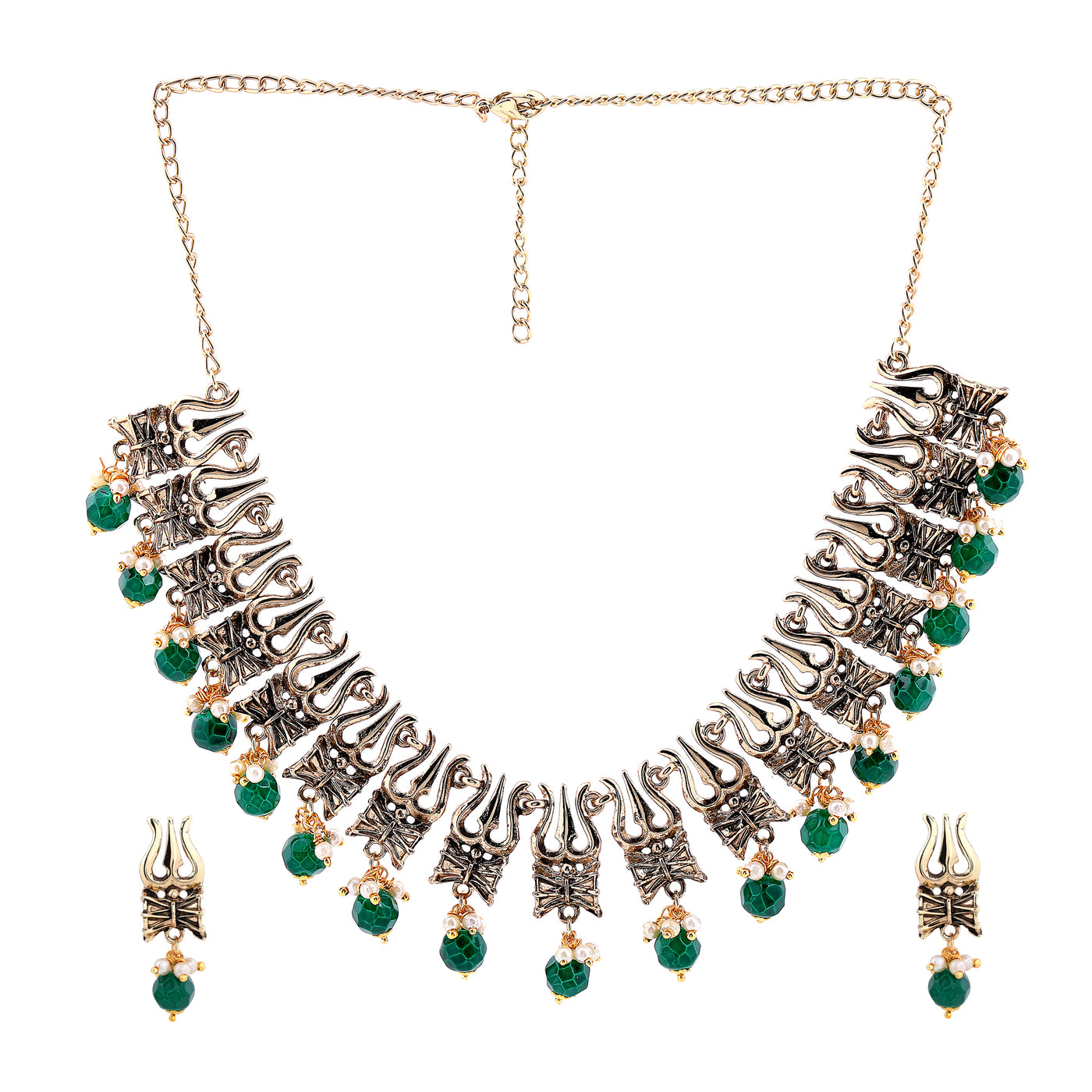 Estele Gold Plated Antique Heavenly Thrishul & Damru Chocker Necklace Set with Green Beads for Women