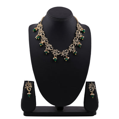 Estele Gold Plated Antique Peacock Designer Choker Necklace Set with Austrian crystals, Green Beads & Pearls for Women