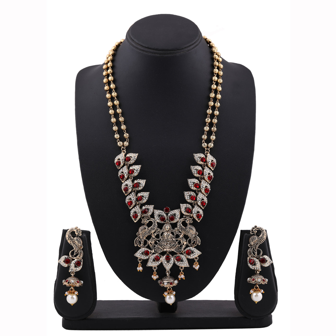 Estele Gold Plated Antique Ethnic Goddess Laxmi Devi & Peacock Designer Necklace Set with Austrian Crystals, Ruby stones & Pearl for Women