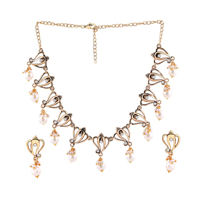 Estele Gold Plated Antique Heavenly Ganesh Designer Necklace Set with Austrian Crystals & Glowing Pearls for Women