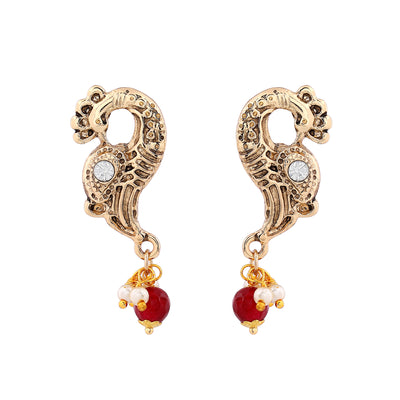 Estele Gold Plated Antique Traditional Peacock Necklace Set with Austrian Crystals, Ruby Beads & Glowing Pearls for Women