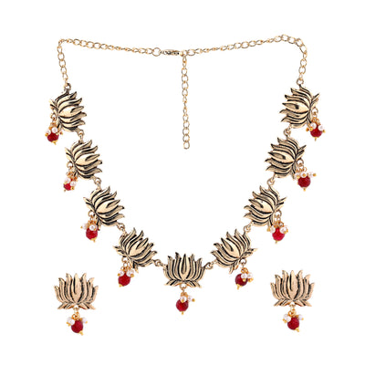 Estele Gold Plated Antique Lotus Flower Choker Necklace Set with Pearls and Red Beads for Women