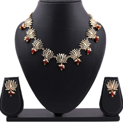 Estele Gold Plated Antique Lotus Flower Choker Necklace Set with Pearls and Red Beads for Women
