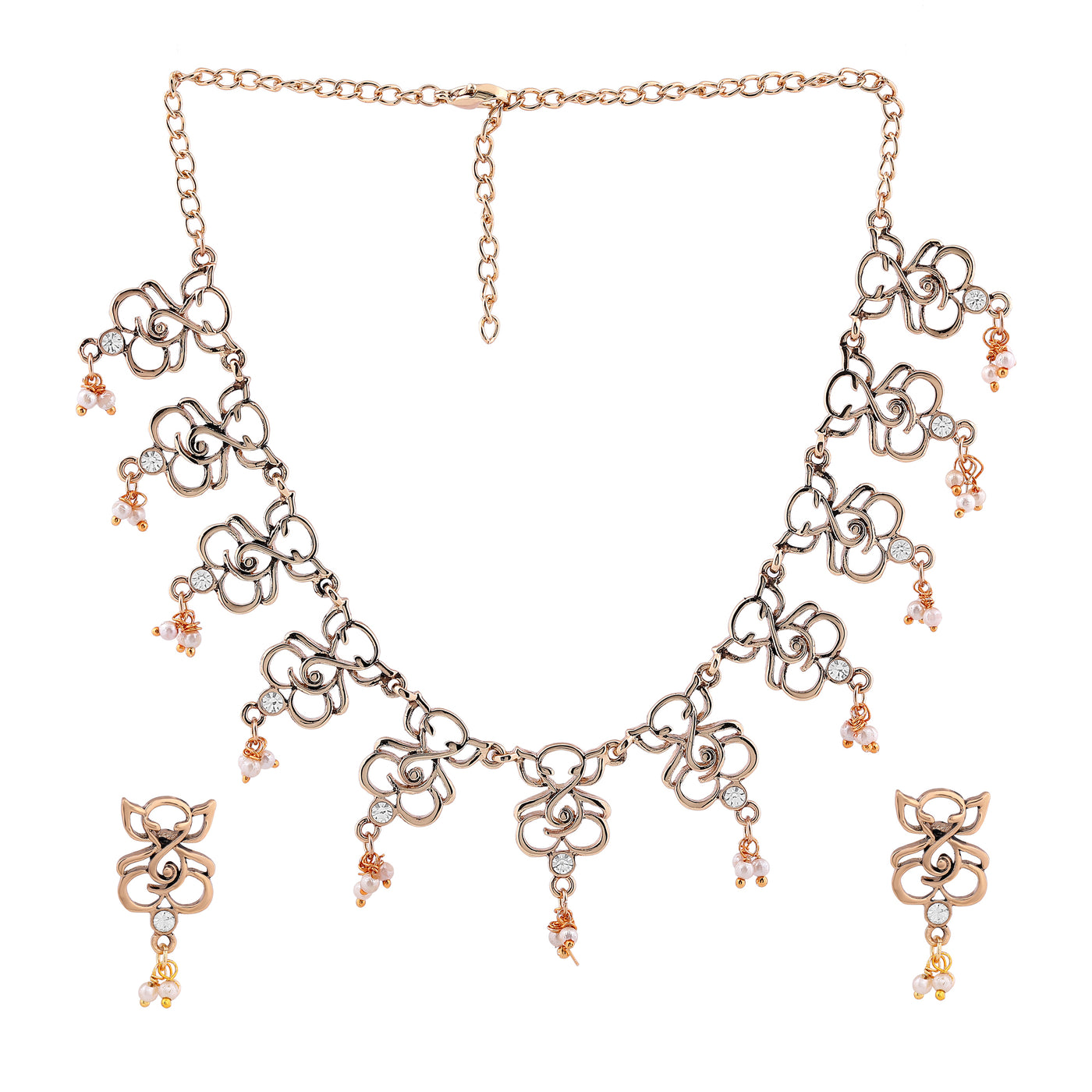Estele Gold Plated Antique Amore Ganesh Textured Necklace Set with Austrian Crystals & Golden Pearls for Women