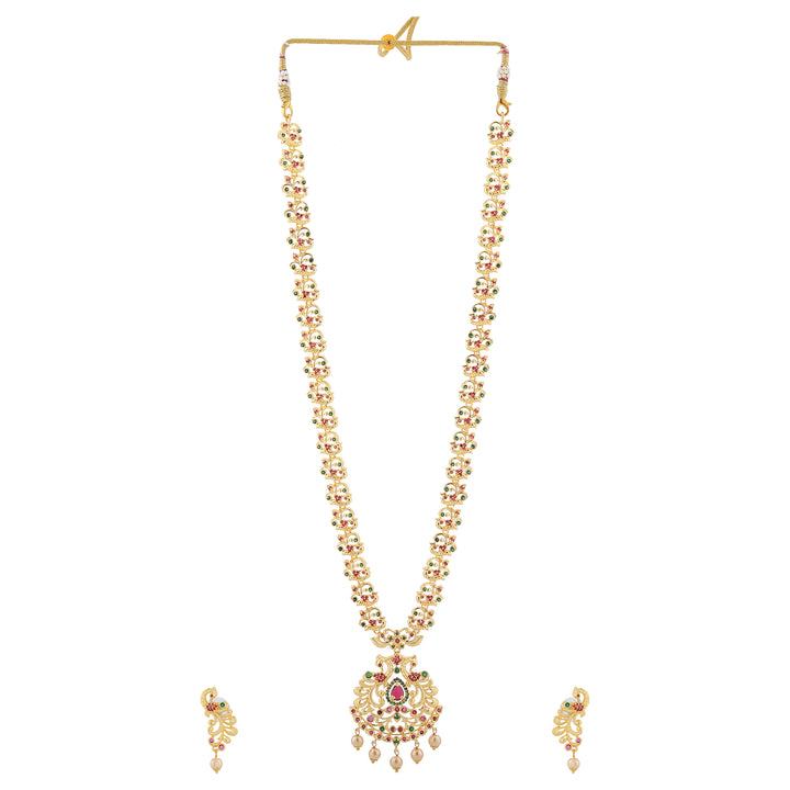 Estele Gold Plated CZ Graceful Peacock Designer Bridal Necklace Set with Pearls for Women