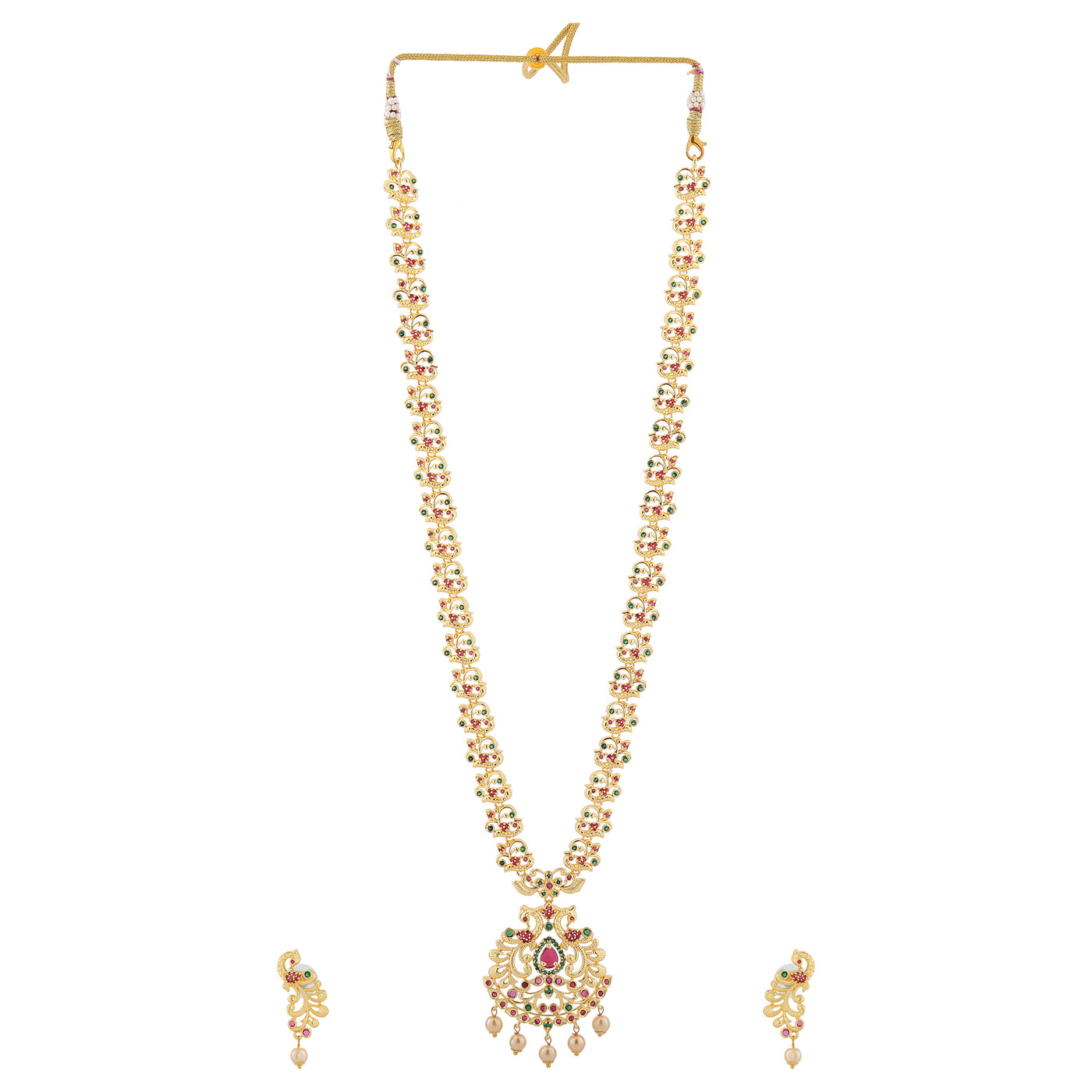 Estele Gold Plated CZ Graceful Peacock Designer Bridal Necklace Set with Pearls for Women