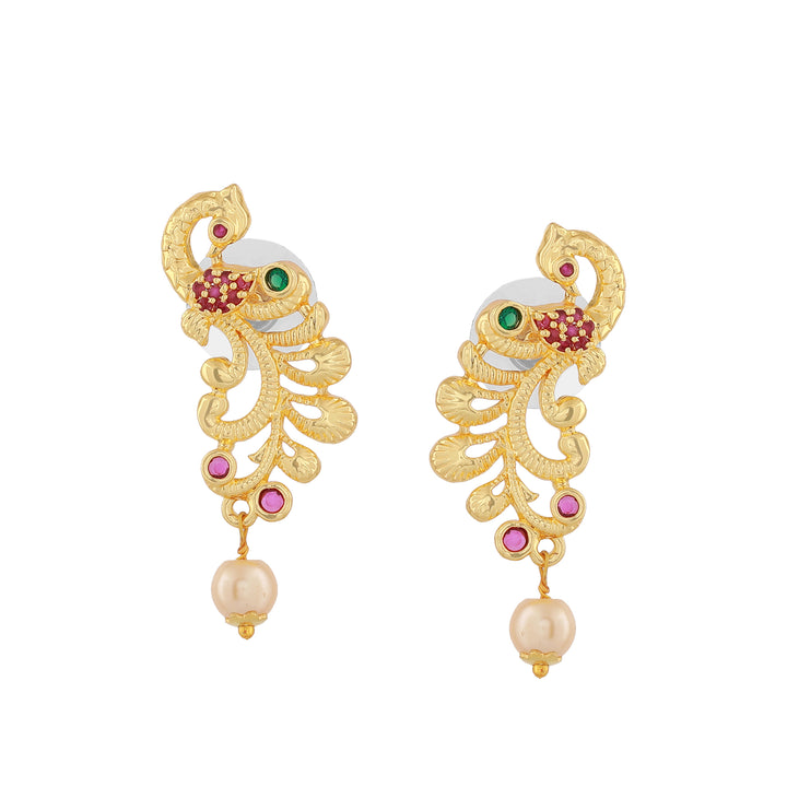 Estele Gold Plated CZ Graceful Peacock Designer Bridal Necklace Set with Pearls for Women