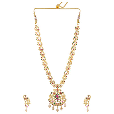 Estele Gold Plated CZ Beautiful Peacock Designer Necklace Set with Pearls for Women