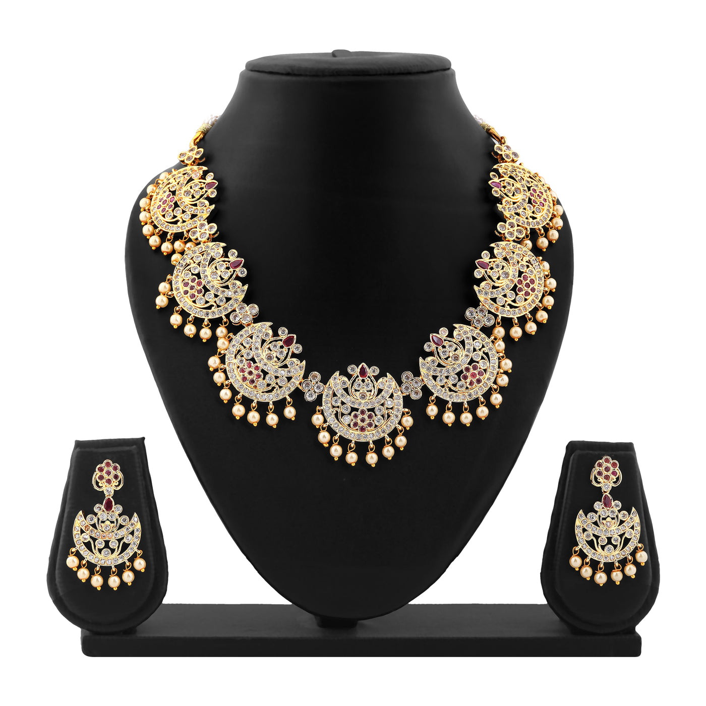 Estele Gold Plated CZ Splendid Flower Designer Necklace Set with Pearls for Women