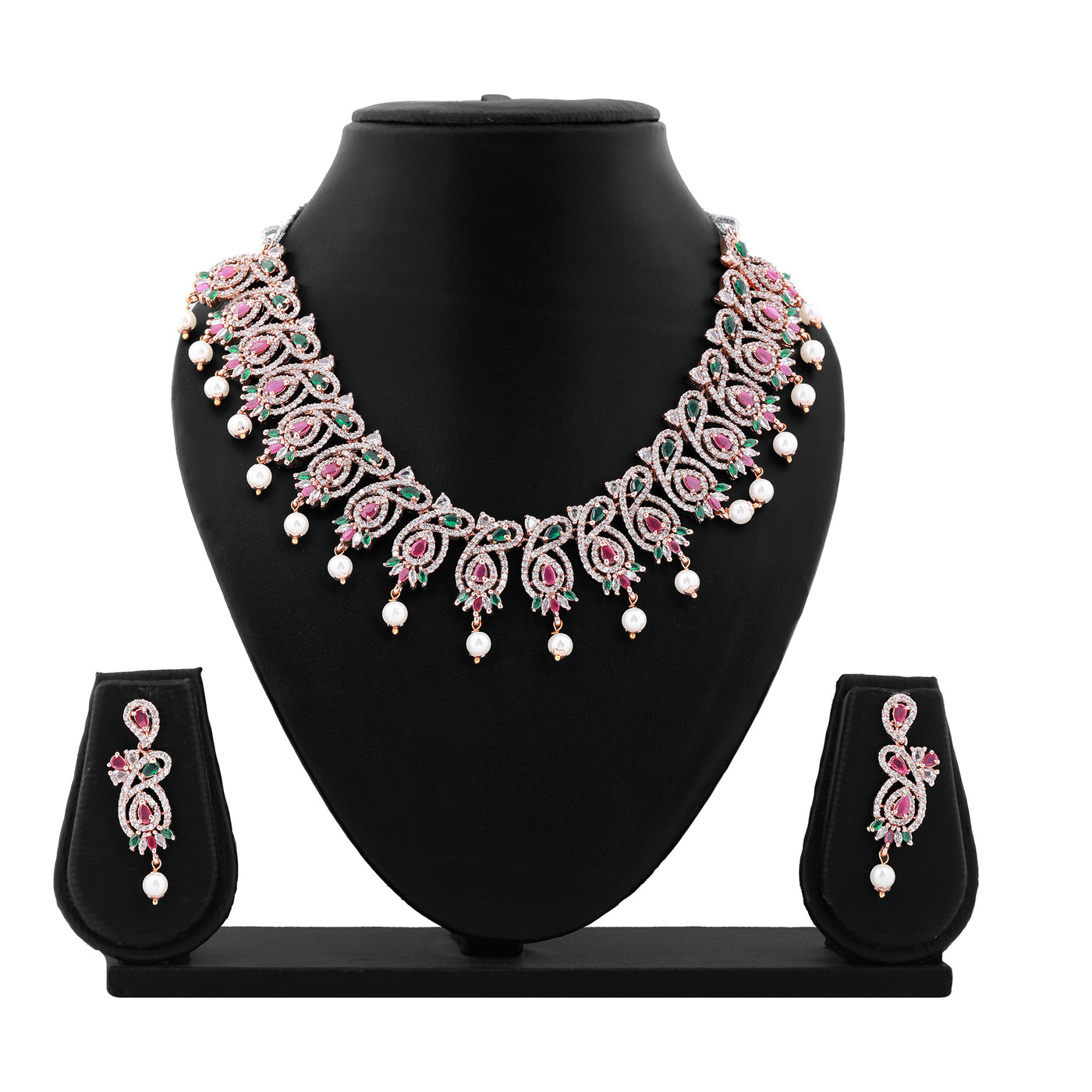 Estele Rose Gold Plated CZ Dazzling Designer Necklace Set with Pearls for Women