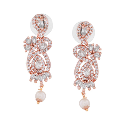 Estele Rose Gold Plated CZ Sparkling Designer Necklace Set with Pearls for Women