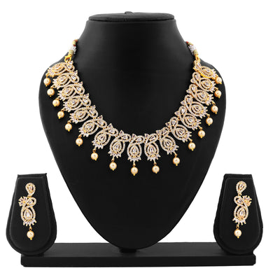 Estele Gold Plated CZ Scintillation Designer Necklace Set with Pearls for Women
