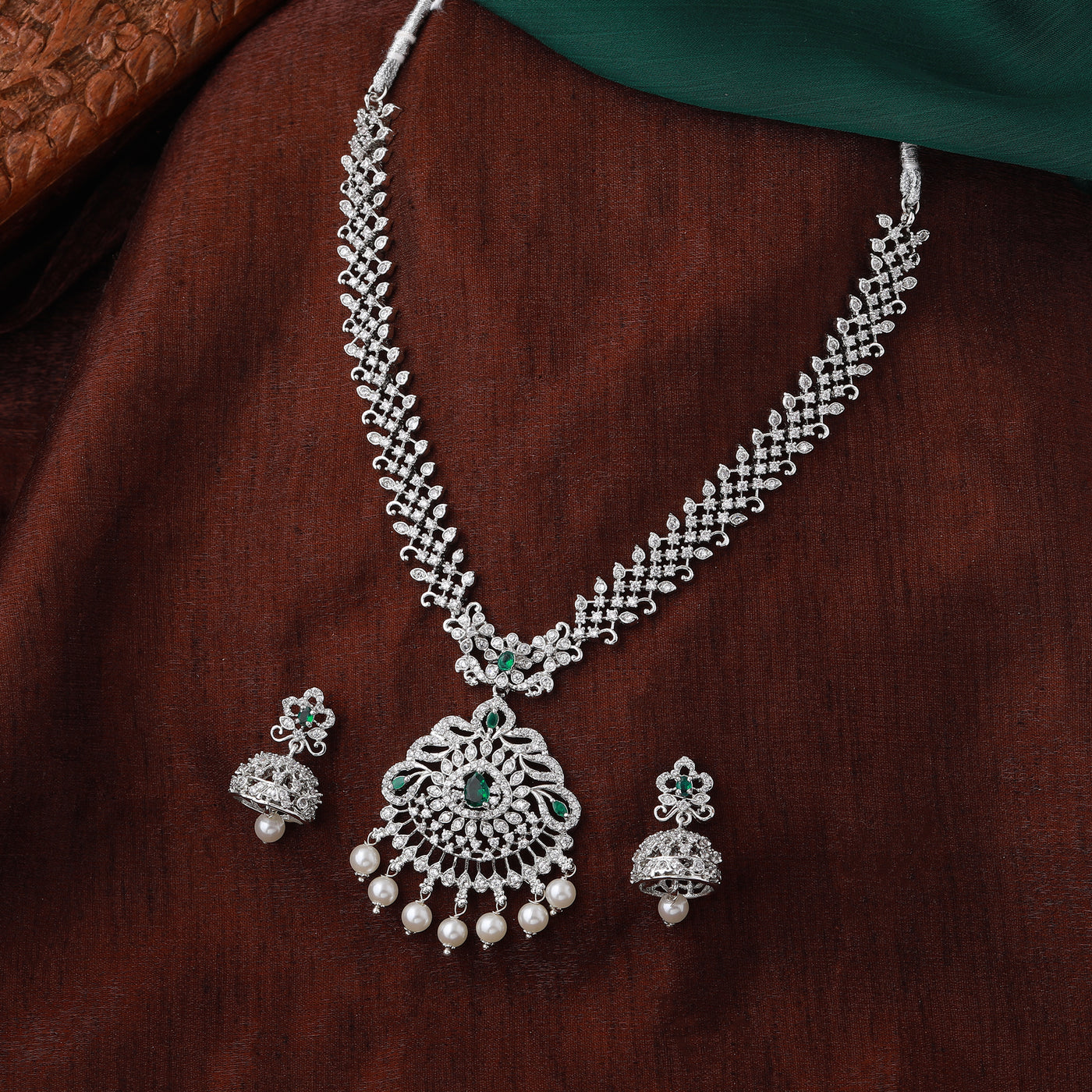 Estele Rhodium Plated CZ Sparkling Necklace Set with Pearls for Women