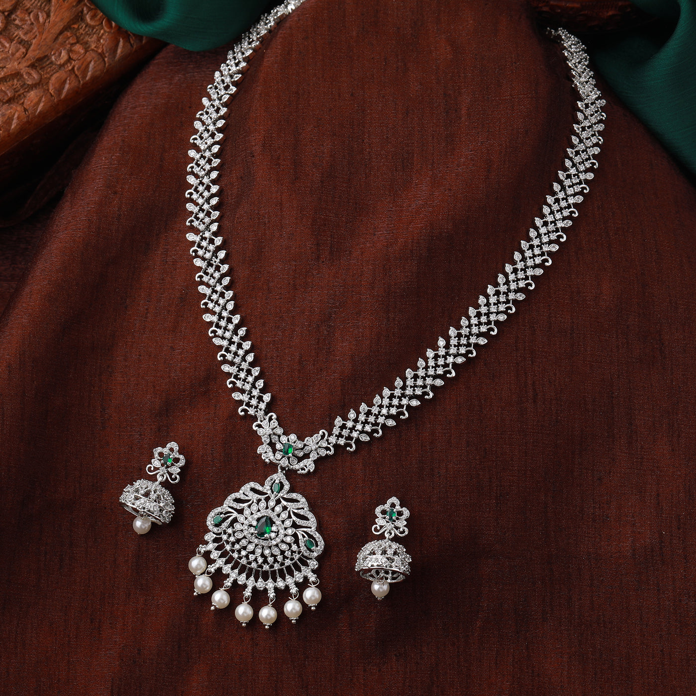 Estele Rhodium Plated CZ Ravishing Necklace Set with Pearls for Women