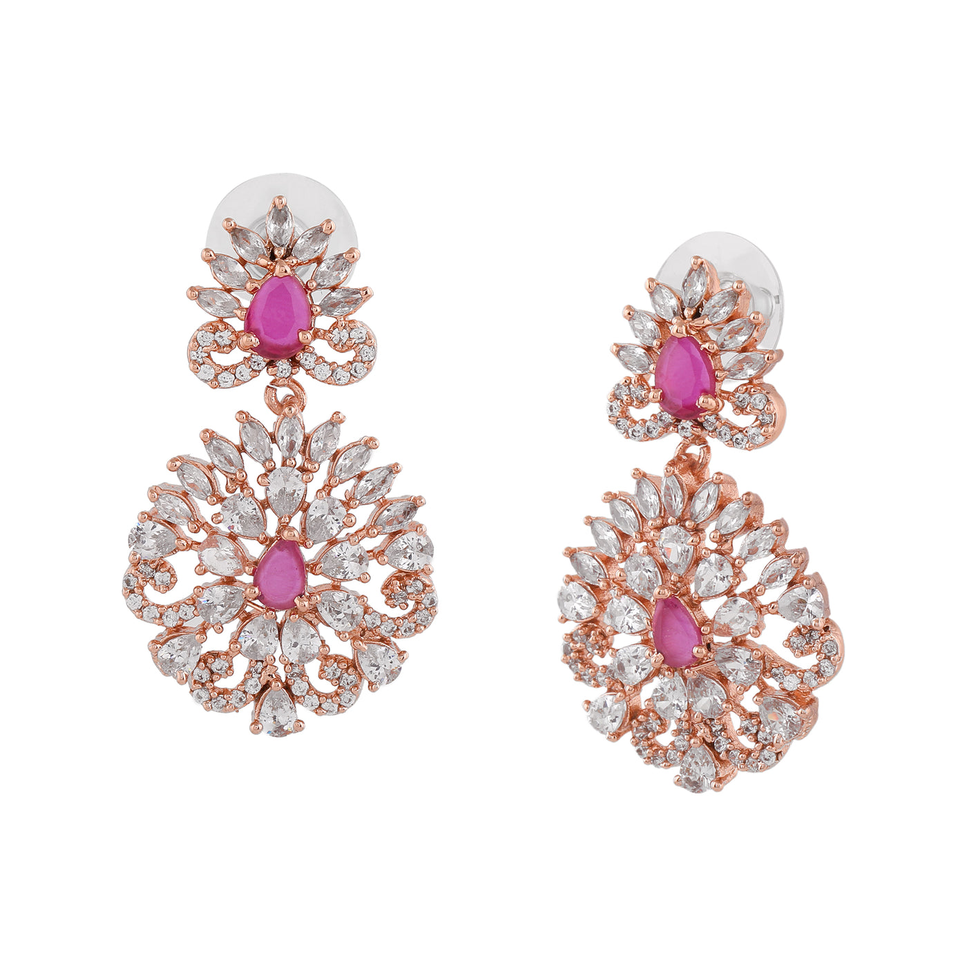Estele Rose Gold Plated CZ Elegant Flower Designer Earrings with Pink Crystals for Women