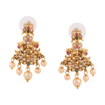 Estele Gold Plated CZ Spiritual Lakshmi Devi Designer Earrings with Pearls for Women