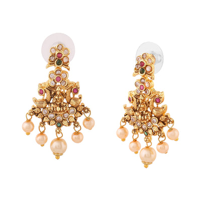 Estele Gold Plated CZ Spiritual Lakshmi Devi Designer Earrings with Pearls for Women
