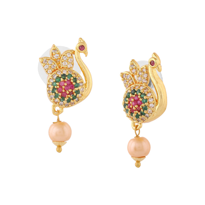 Estele Gold Plated CZ Beautiful Peacock Designer Earrings with Pearl for Women