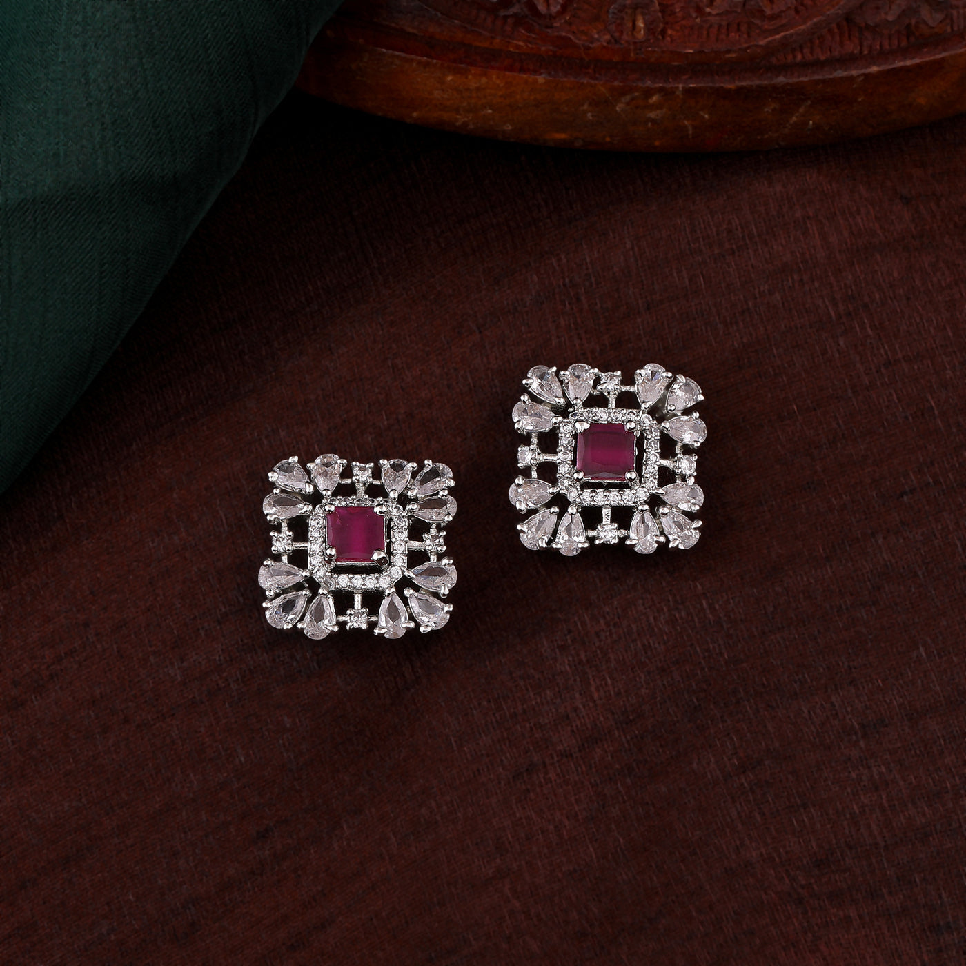 Estele Rhodium Plated CZ Dazzling Square Designer Earrings for Women