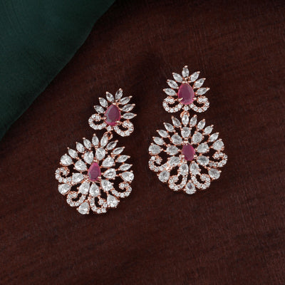 Estele Rose Gold Plated CZ Elegant Flower Designer Earrings with Pink Crystals for Women