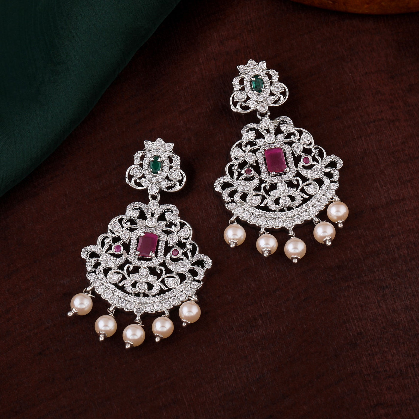 Estele Rhodium Plated CZ Gorgeous Designer Earrings with Pearls for Women