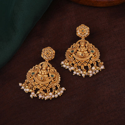 Estele Gold Plated CZ Goddess Lakshmi Devi Designer Earrings with Pearls for Women