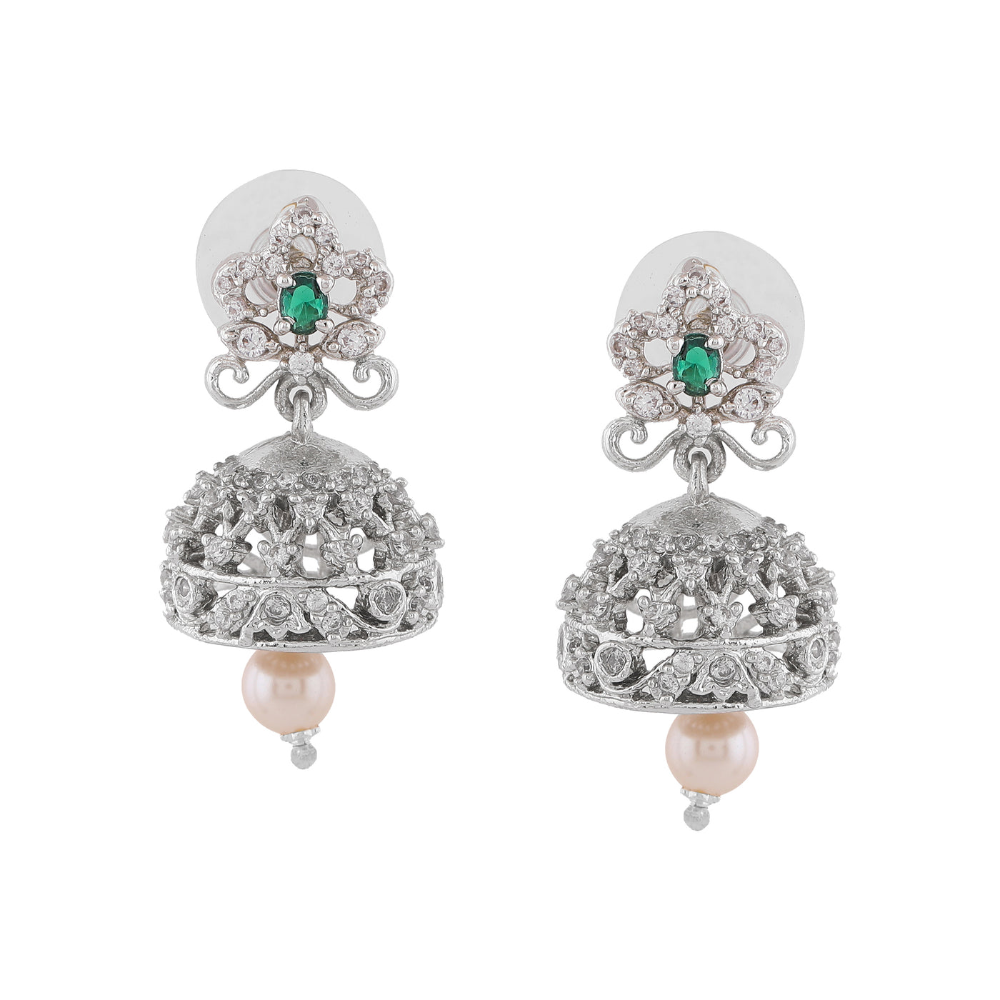 Estele Rhodium Plated CZ Beautiful Jhumki Earrings with Pearl & Green Crystals for Women