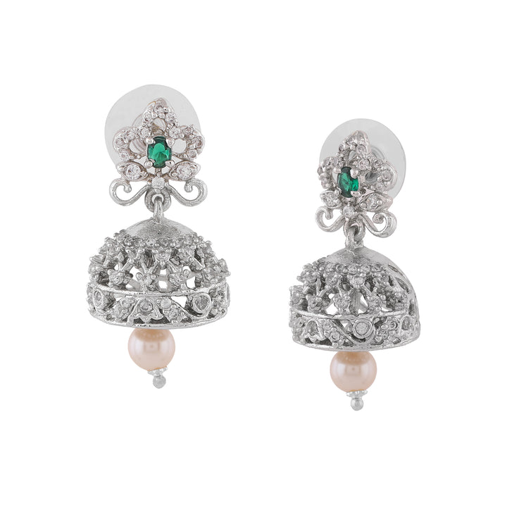 Estele Rhodium Plated CZ Beautiful Jhumki Earrings with Pearl & Green Crystals for Women