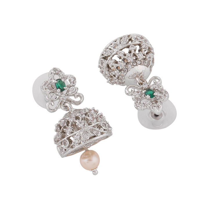 Estele Rhodium Plated CZ Beautiful Jhumki Earrings with Pearl & Green Crystals for Women
