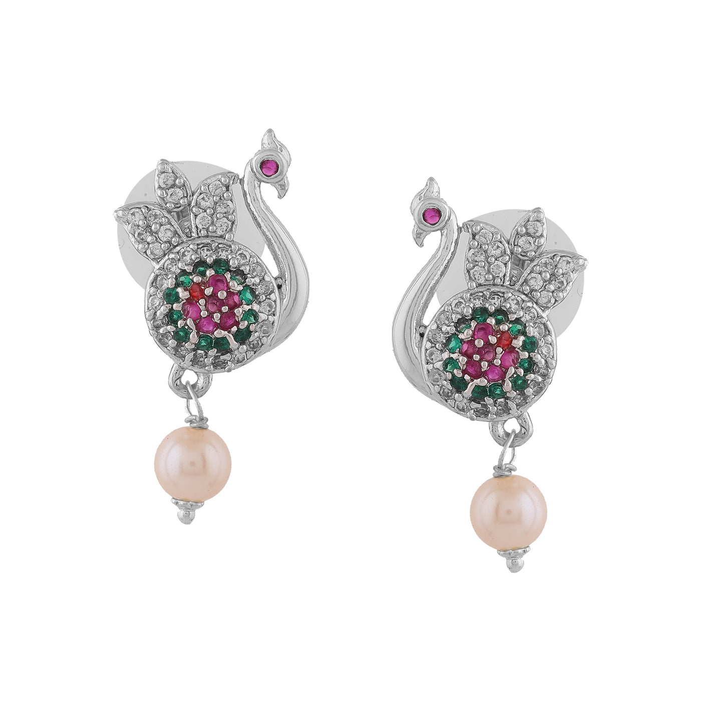 Estele Rhodium Plated CZ Beautiful Peacock Designer Earrings with Pearl for Women