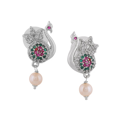 Estele Rhodium Plated CZ Beautiful Peacock Designer Earrings with Pearl for Women