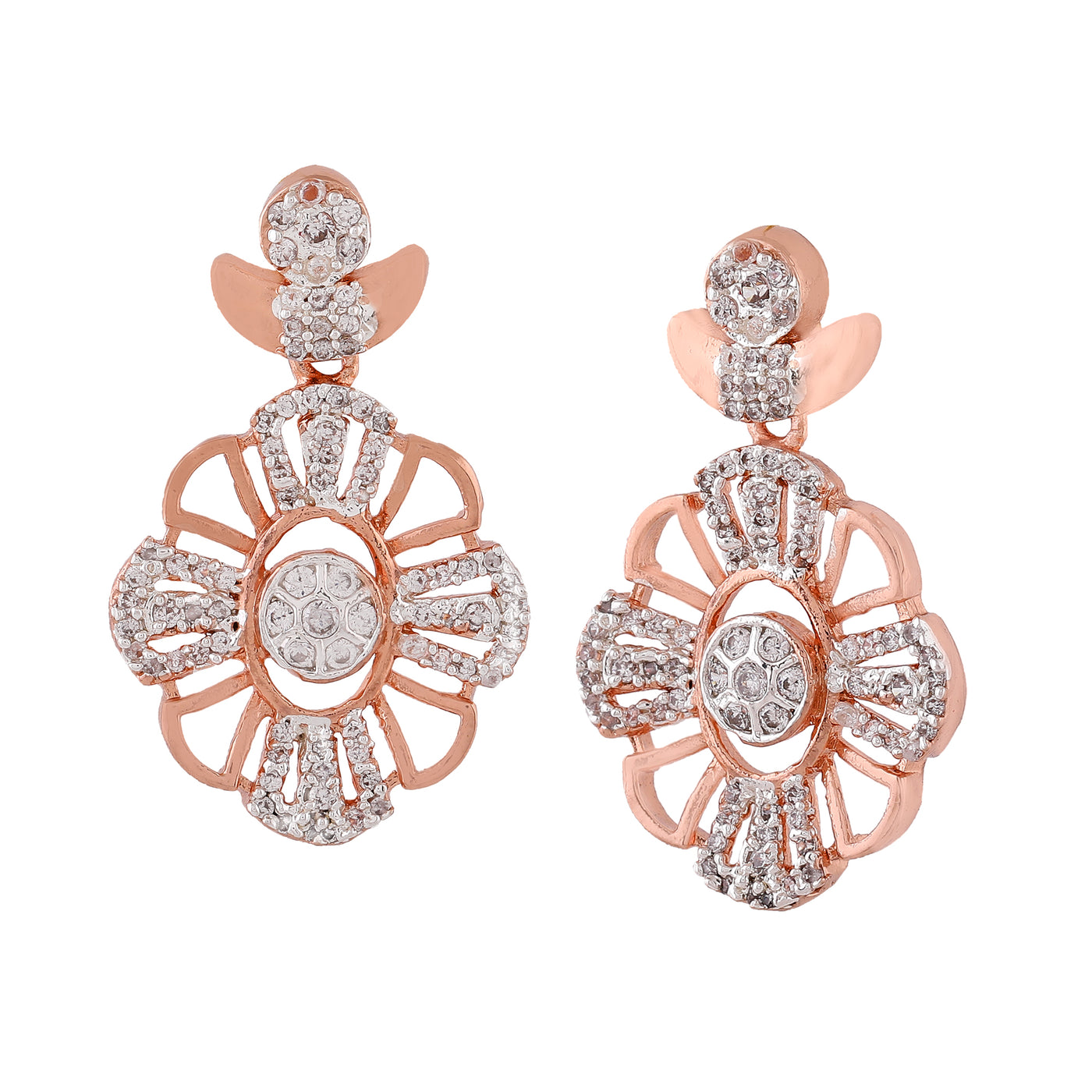 Estele Rose Gold Plated CZ Flower Designer Earrings for Women