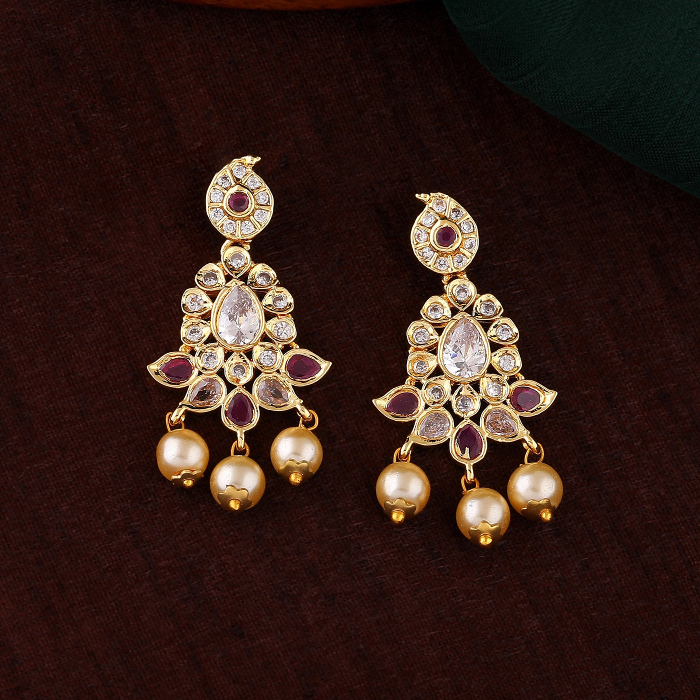 Estele Gold Plated CZ Gorgeous Designer Earrings with Pearls for Women