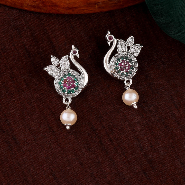Estele Rhodium Plated CZ Beautiful Peacock Designer Earrings with Pearl for Women