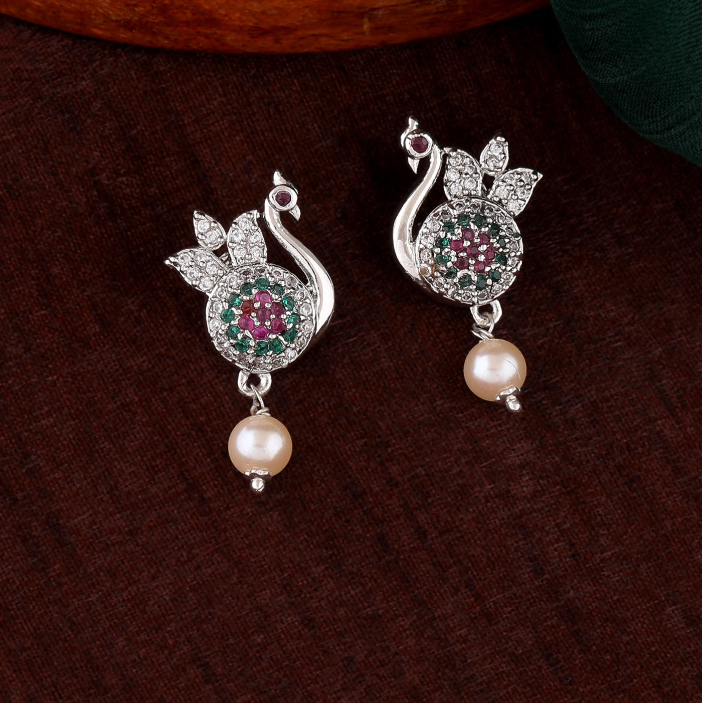 Estele Rhodium Plated CZ Beautiful Peacock Designer Earrings with Pearl for Women