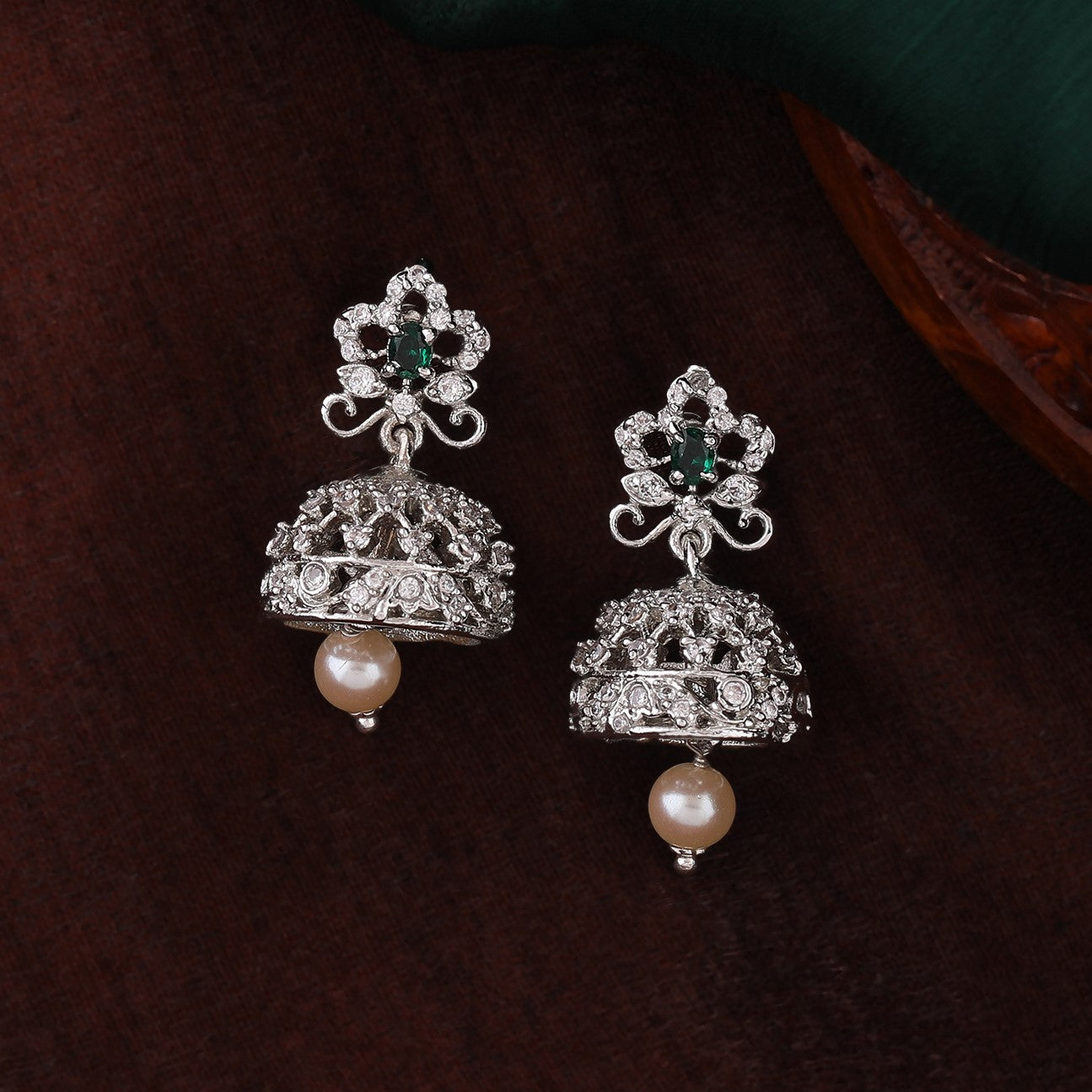 Estele Rhodium Plated CZ Beautiful Jhumki Earrings with Pearl & Green Crystals for Women
