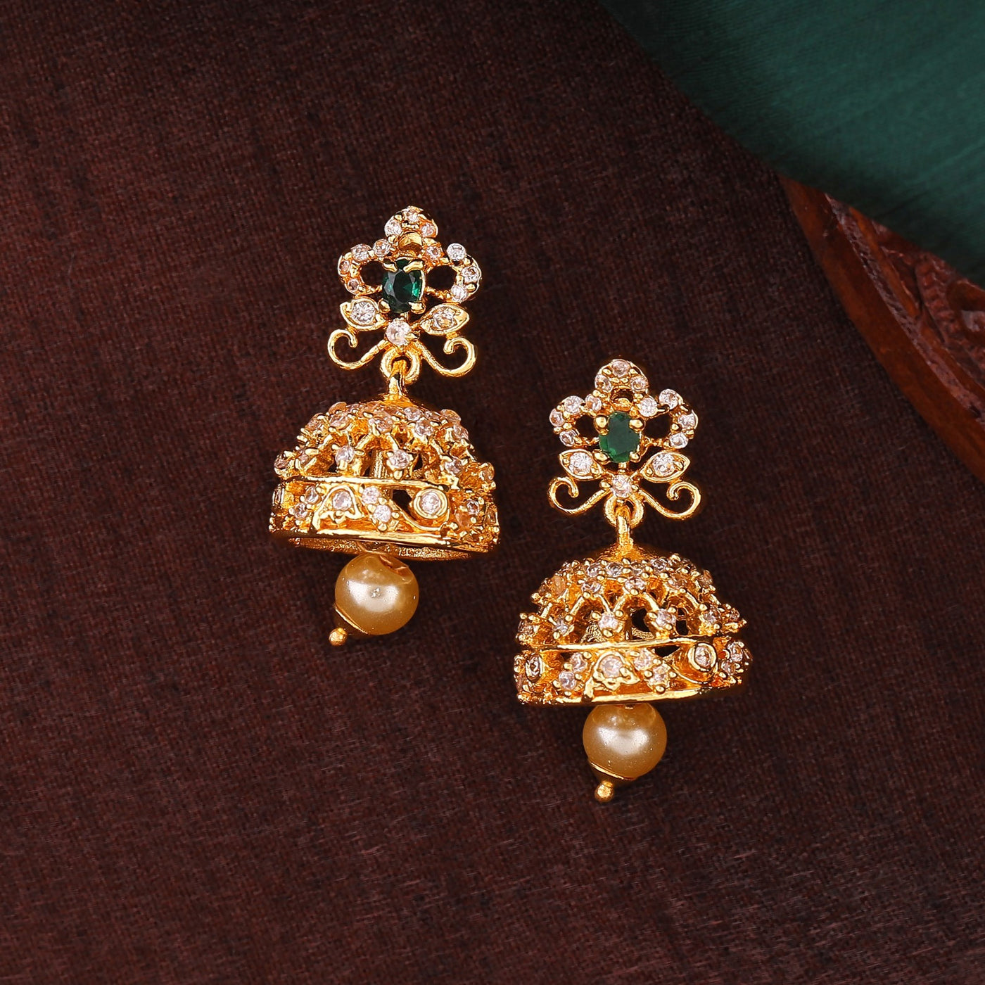 Estele Gold Plated CZ Beautiful Jhumki Earrings with Pearls & Green Crystals for Women