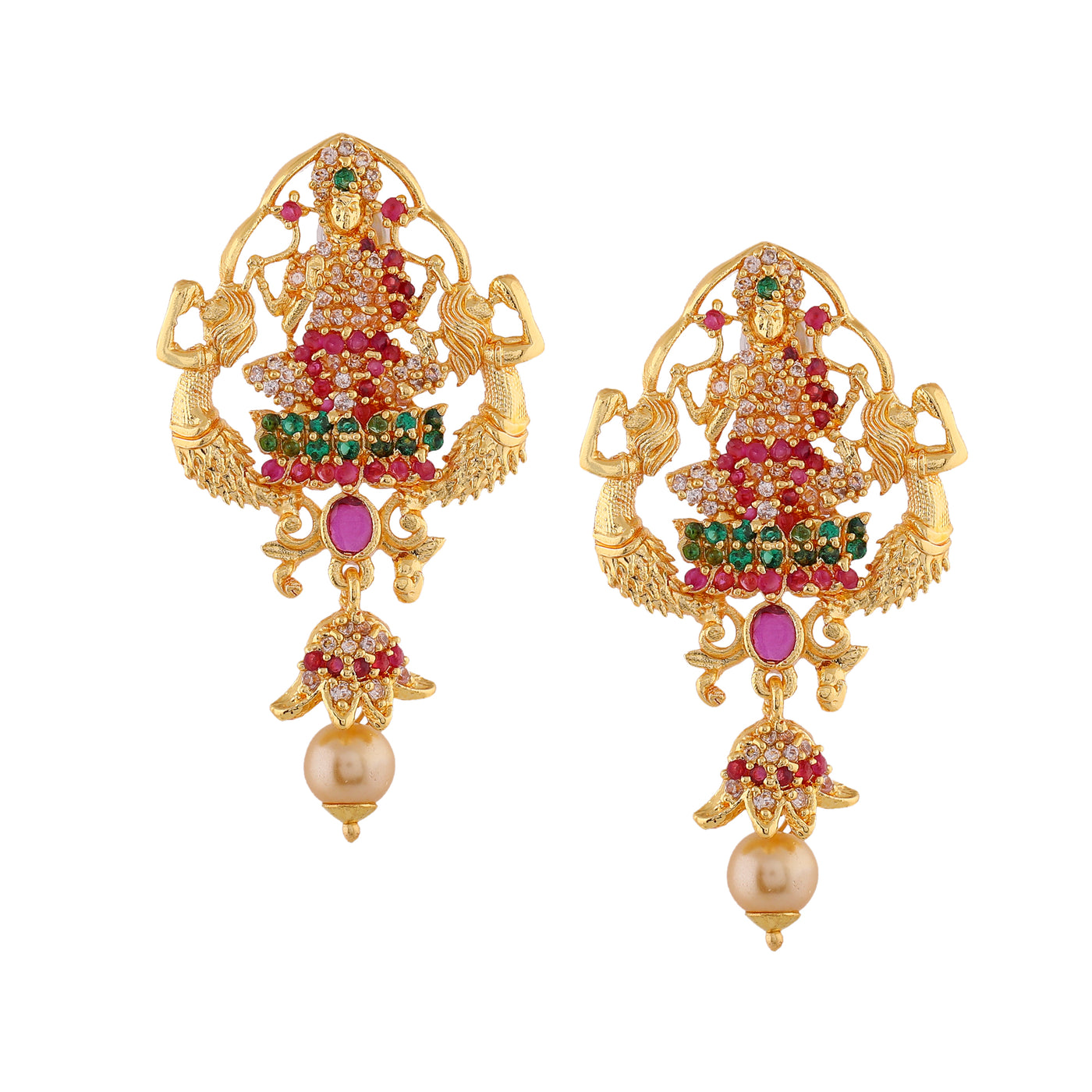 Estele Gold plated CZ Lakshmi Devi Designer Earrings with Pearls for Women